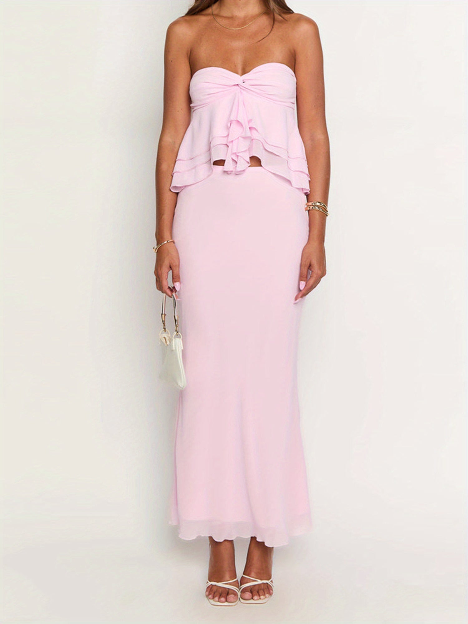 Women's 2pcs Skirts Outfits Solid Color Ruffles Strapless Tube Tops High Waist Long Skirts Clothes Set