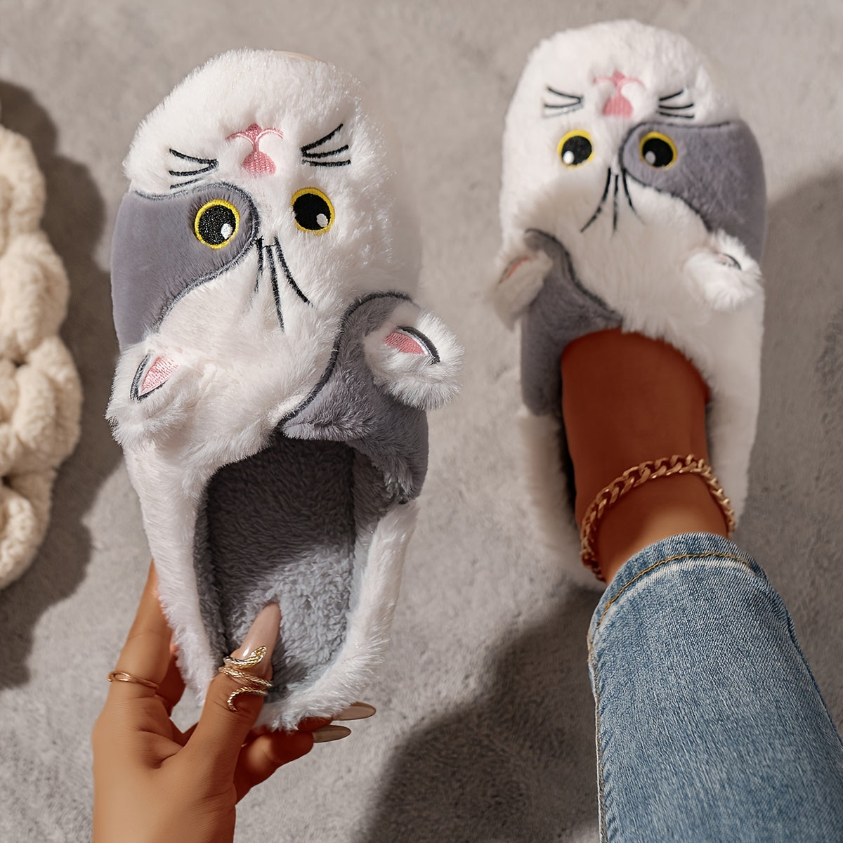 Cute Cartoon Cat Design Slippers, Casual Slip On Plush Lined Shoes, Comfortable Indoor Home Slippers