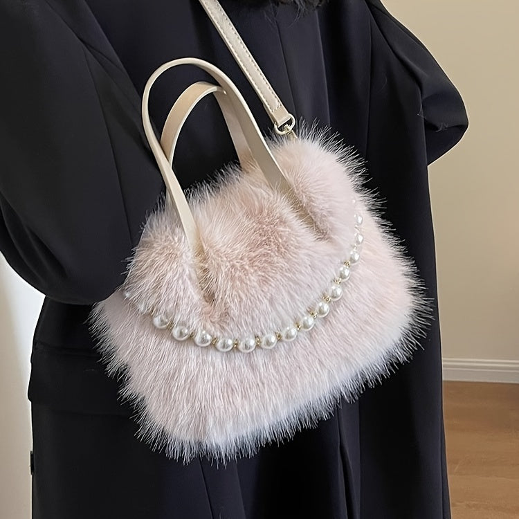 Chic Faux Fur Crossbody Bag with Pearl Accents - Soft Plush Shoulder Purse for Women, Available in Pink, Khaki, Coffee, White, Black