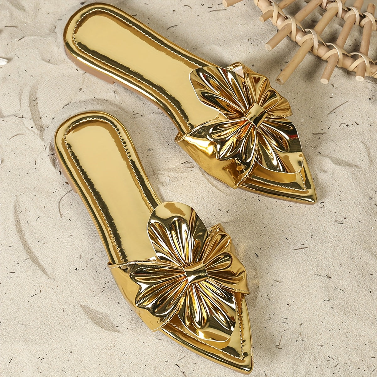 Women'S Golden Pointed Toe Mules with Bow Detail - Slip-On Flat Sandals, Synthetic Upper, TPR Sole, All-Season Comfort Shoes, Fashionable Footwear|Elegant Footwear|Synthetic Sandals