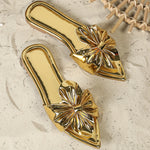 Women'S Golden Pointed Toe Mules with Bow Detail - Slip-On Flat Sandals, Synthetic Upper, TPR Sole, All-Season Comfort Shoes, Fashionable Footwear|Elegant Footwear|Synthetic Sandals