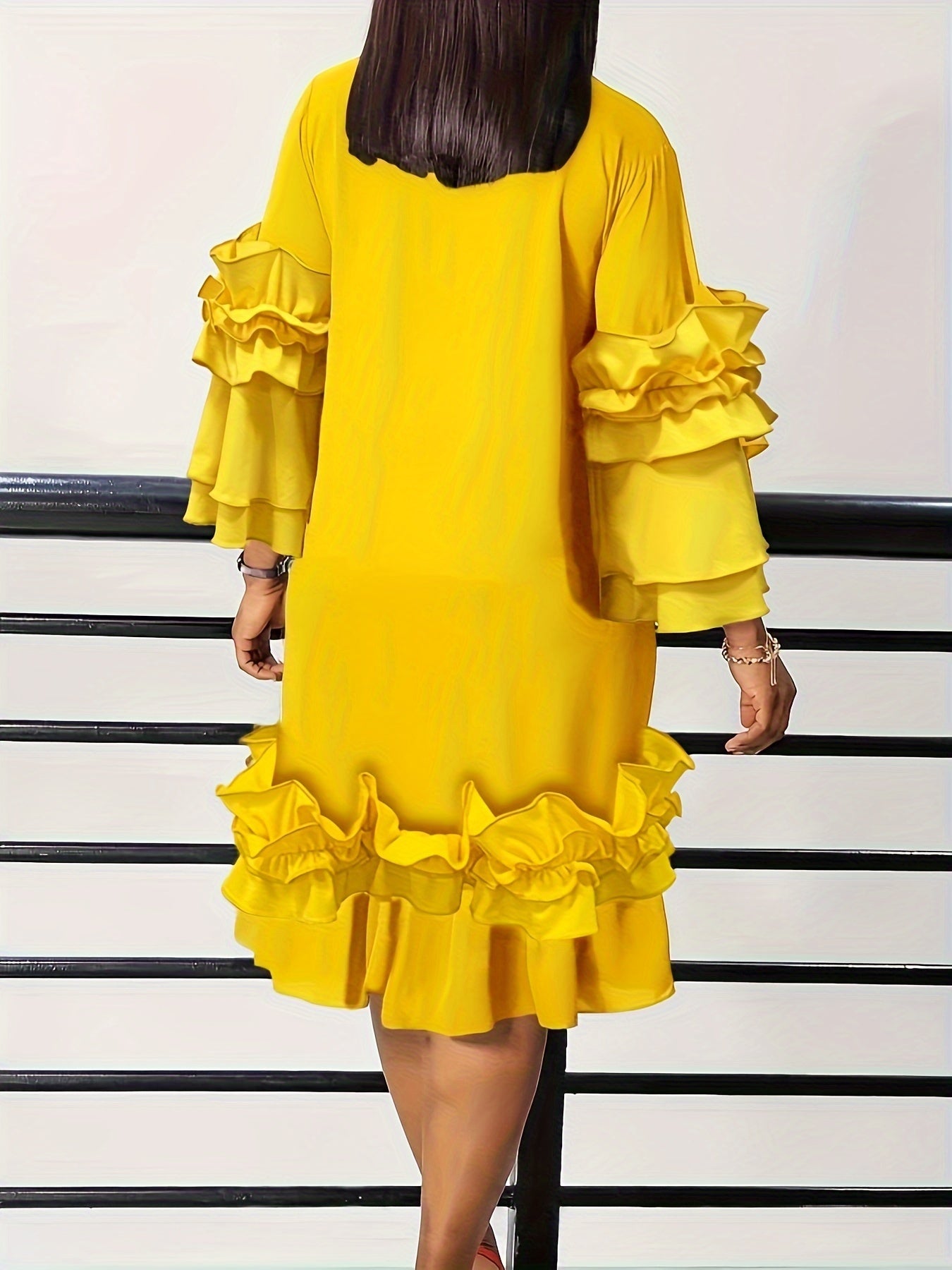 Elegant Ruffled Tie Neck Long Sleeve Dress for Women, Spring/Fall Casual Wear