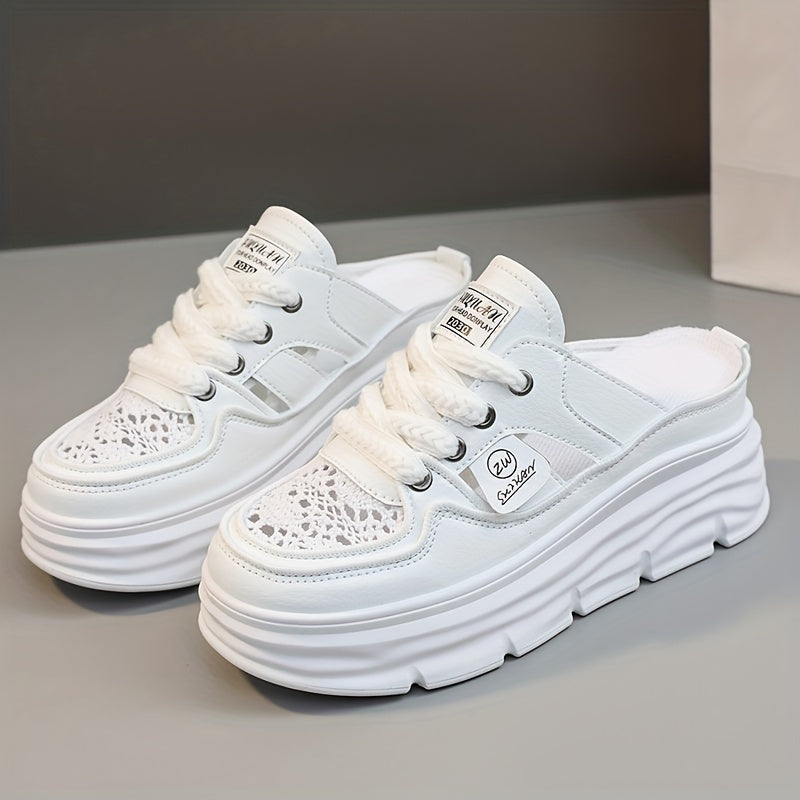 Comfortable Breathable Women's Platform Mule Sneakers, Casual Cutout Design Lace Up Summer Shoes