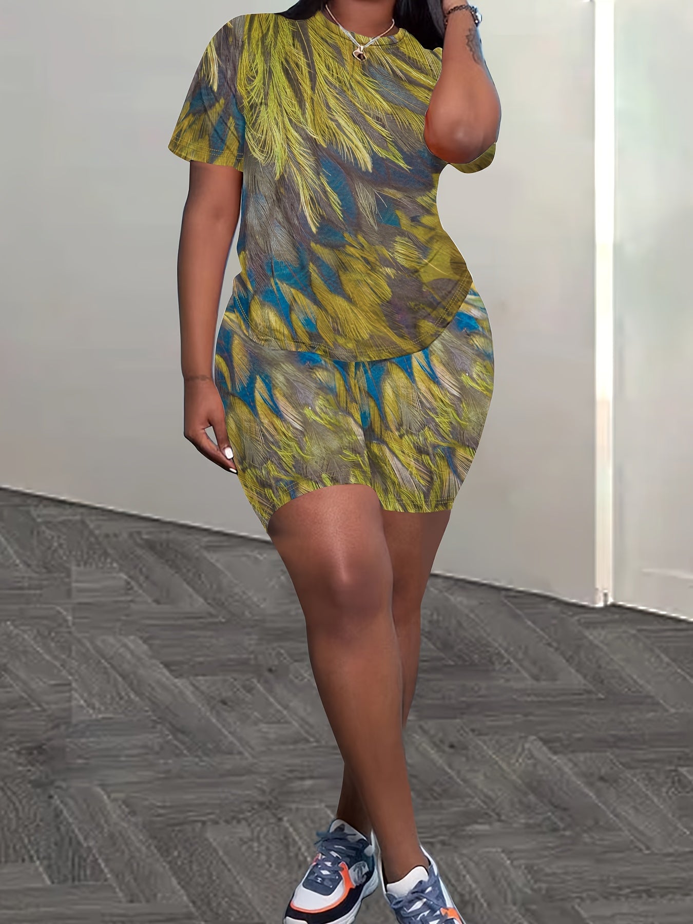 Women's Tie-dye Print Casual Top T-shirt and Tight Shorts Set Two-piece