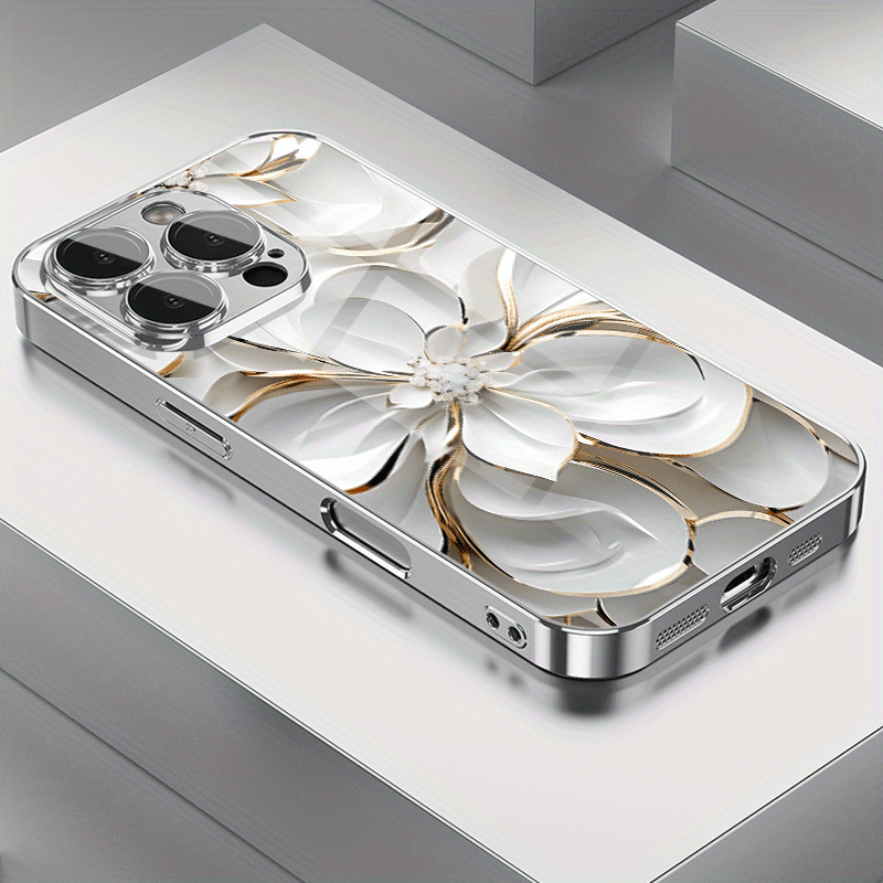 Light Luxury Elegant Ceramic Texture Golden Wire White Flower Pattern Electroplated Glass Mobile Phone Case with Lens Protection for iPhone 16/16Pro/16ProMax/16Plus/15/15Plus/15Pro/15ProMax, 14/14Plus/14Pro/14ProMax, 13/13Pro
