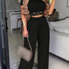 Bohemian Style Women'S Summer Two-Piece Set: Solid Color Short-Sleeve Round Neck T-Shirt And High-Waisted Wide-Leg Pants.