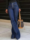Vintage-Inspired Dark Blue Flare Jeans for Women - Mid-Rise, Stretch Denim with Classic Five-Pocket Design & Double Button Closure, Machine Washable, Plus Size Jeans