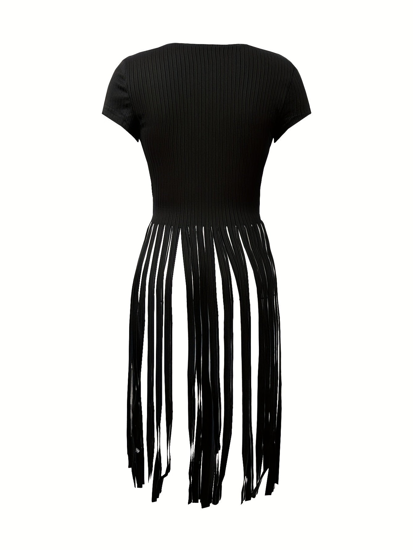 Solid Color Crew Neck T-shirt, Casual Short Sleeve Tassel Hem T-Shirt For Spring & Summer, Women's Clothing