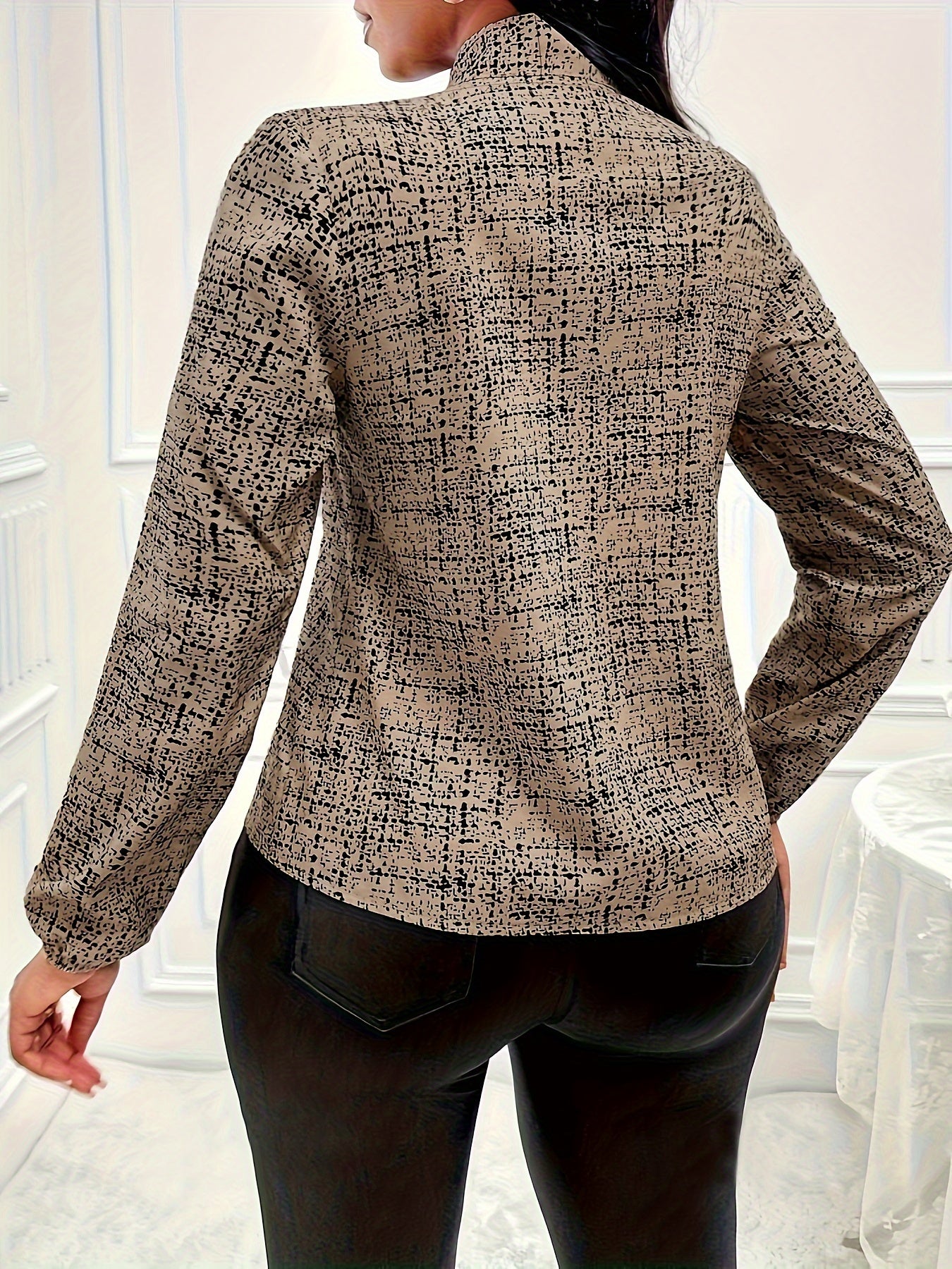 Allover Print Tie Neck Blouse, Elegant Long Sleeve Top For Spring & Fall, Women's Clothing