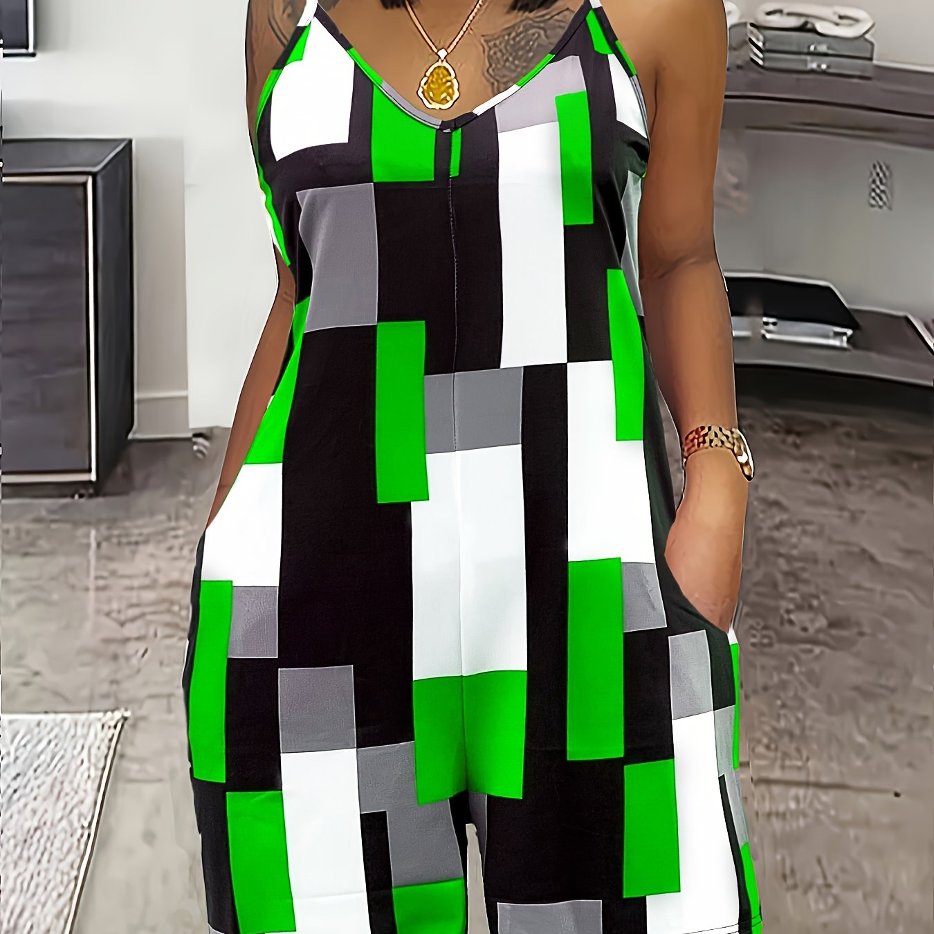 Women's Summer V-Neck Color Block Print Romper with Pockets - Stylish Sleeveless Jumpsuit in Orange, Black, White & Gray, Casual Knit Polyester Blend, Machine Washable, Stylish Leisurewear | Pocketed Outfit | Casual Elegance