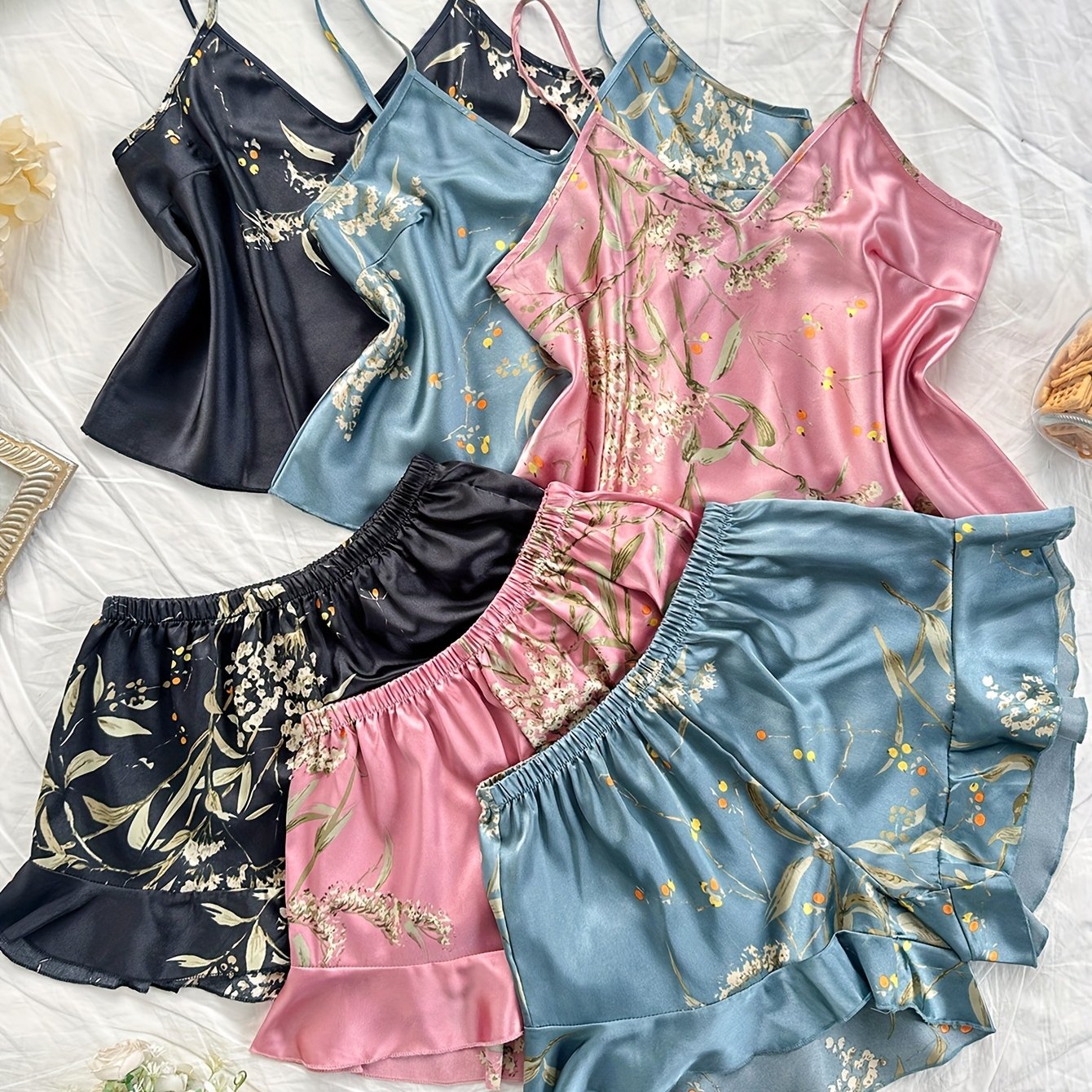 6pcs Women'S Pajama Set, Sexy V-Neck Cherry Print Camisole with Ruffle Shorts, All-Season Comfortable Polyester Sleepwear, 100% Polyester, 90g/m² Woven Fabric, Adult Nightwear