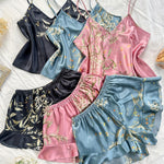 6pcs Women'S Pajama Set, Sexy V-Neck Cherry Print Camisole with Ruffle Shorts, All-Season Comfortable Polyester Sleepwear, 100% Polyester, 90g/m² Woven Fabric, Adult Nightwear