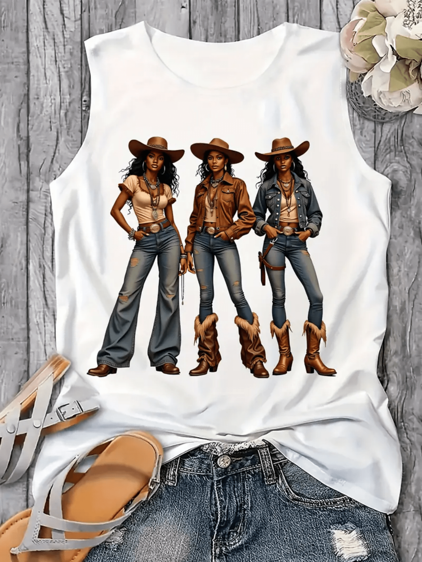 Western Style Denim Printed 160G Women'S Casual Round Neck Vest, Spring And Summer Women'S Vest, Simple Design, Machine Washable, Surprise Gift for Valentine'S Day, New Year And Other Holiday Atmospheres