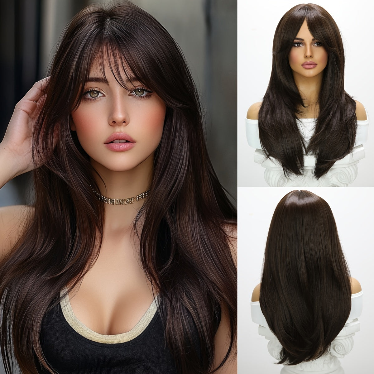 Long Natural Straight Dark Brown Wig, Blunt Bangs, Synthetic Fibers, Perfect For Daily Wear, Rose Net, 24 Inch