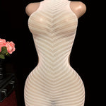 1pc of White Sexy Fitted Sleeveless Bodysuit Dress with Side Waist Hollow Design, High Elasticity Mesh Fabric, Beach Cover-Up.