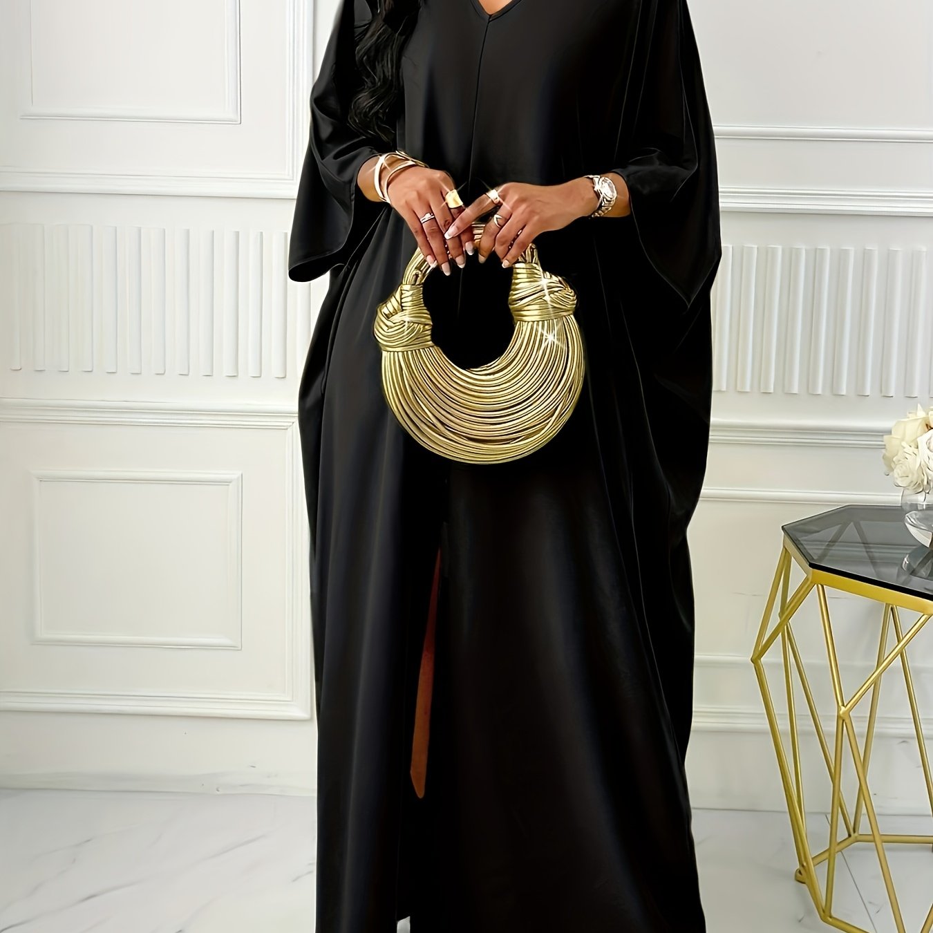 Elegant Solid Color V-Neck Cap Sleeve Side Slit Tunic Dress for Women - 100% Polyester Casual All-Season Long Dress