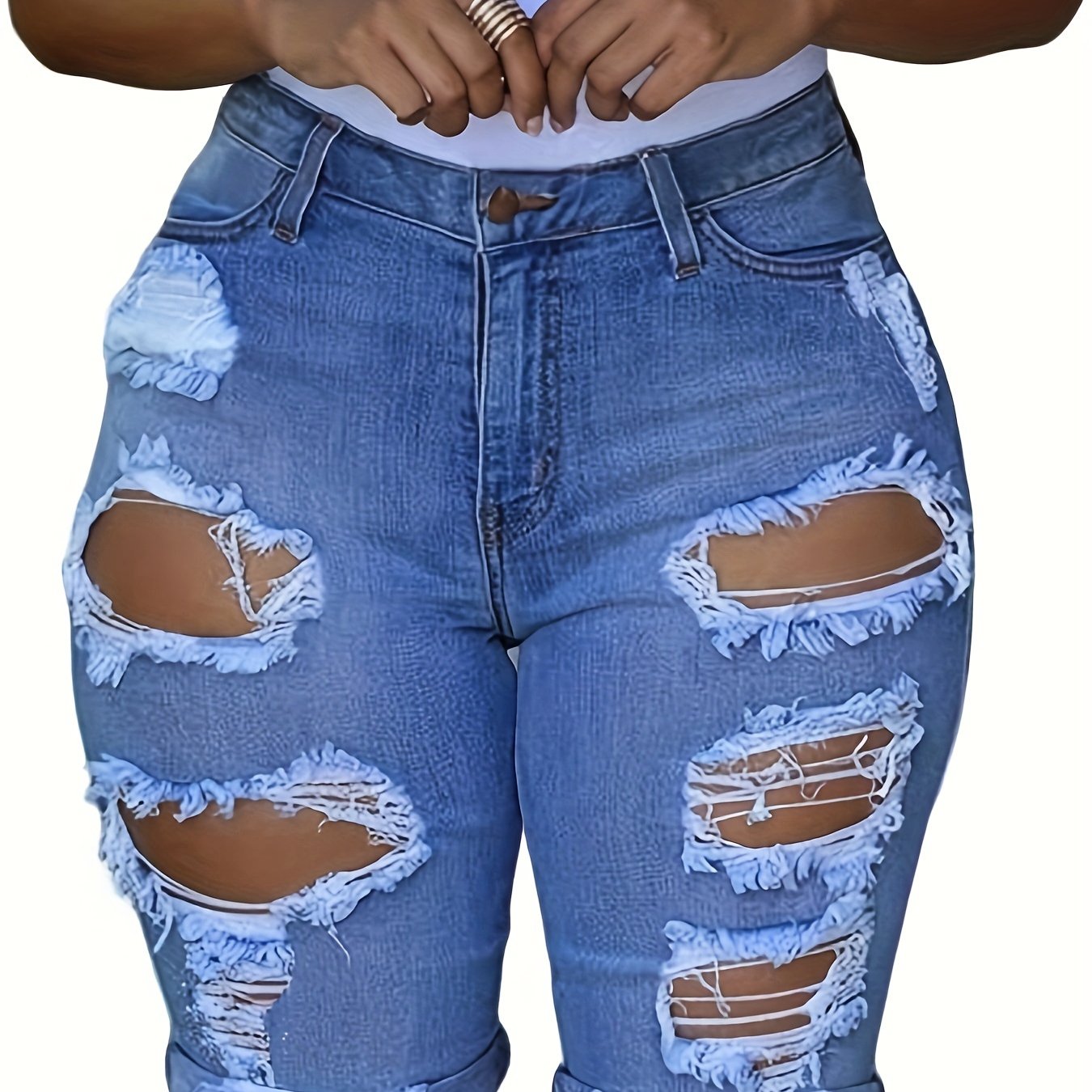 Ripped Cuffed Hem Bermuda Denim Shorts, Distressed Washed Blue Denim Shorts, Women's Denim Jeans & Clothing
