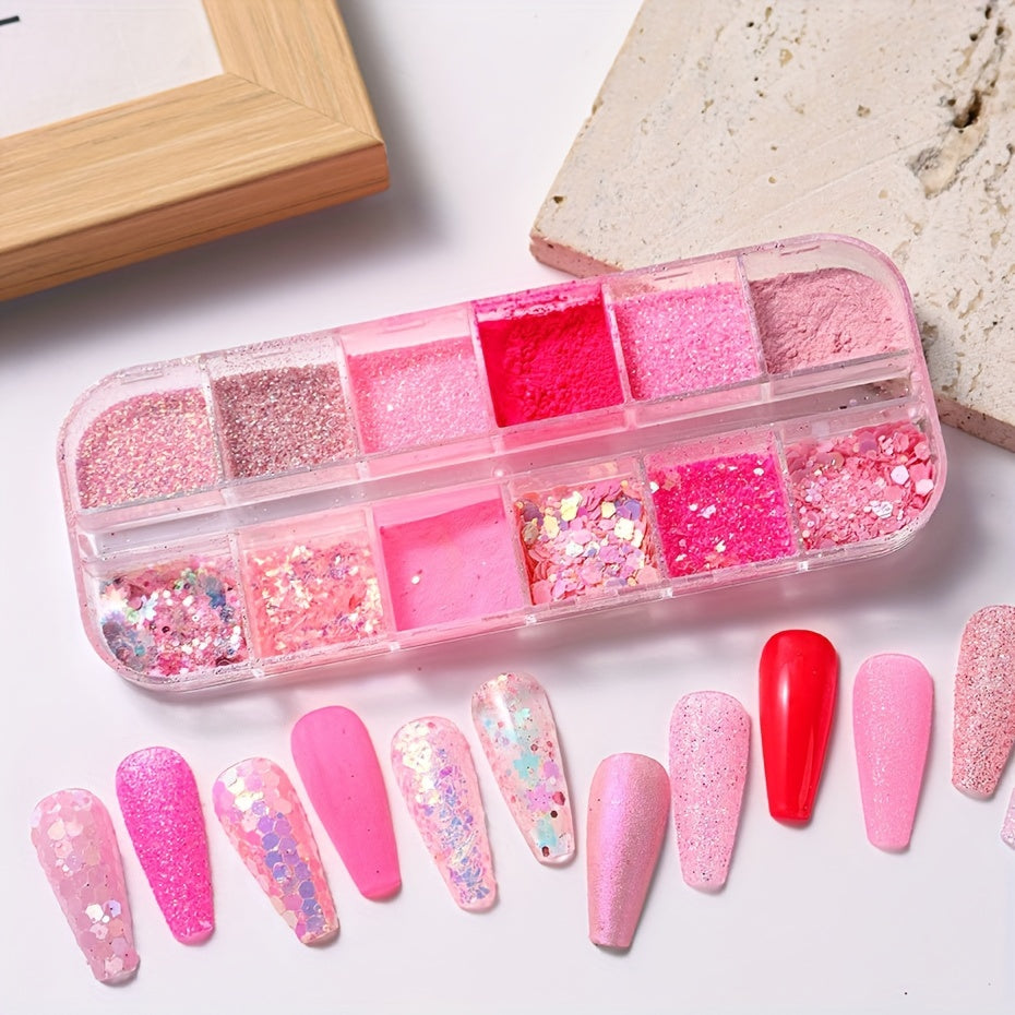 FULL BEAUTY 12 Grids Pink Glitter Nail Flakes, Holographic Hexagon Irregular Sequins, Sliced Sparkly Crystal Pigment Powder for Manicure Decoration, Hypoallergenic Rectangle Shape, Nail Charms