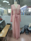 Women'S Elegant Pink Long Cover-Up Dress with V-Neck and Belted Waist - Perfect for Beach and Holiday Attire, Beach Coverup|Vneck Coverup|Nonstretch Fabric