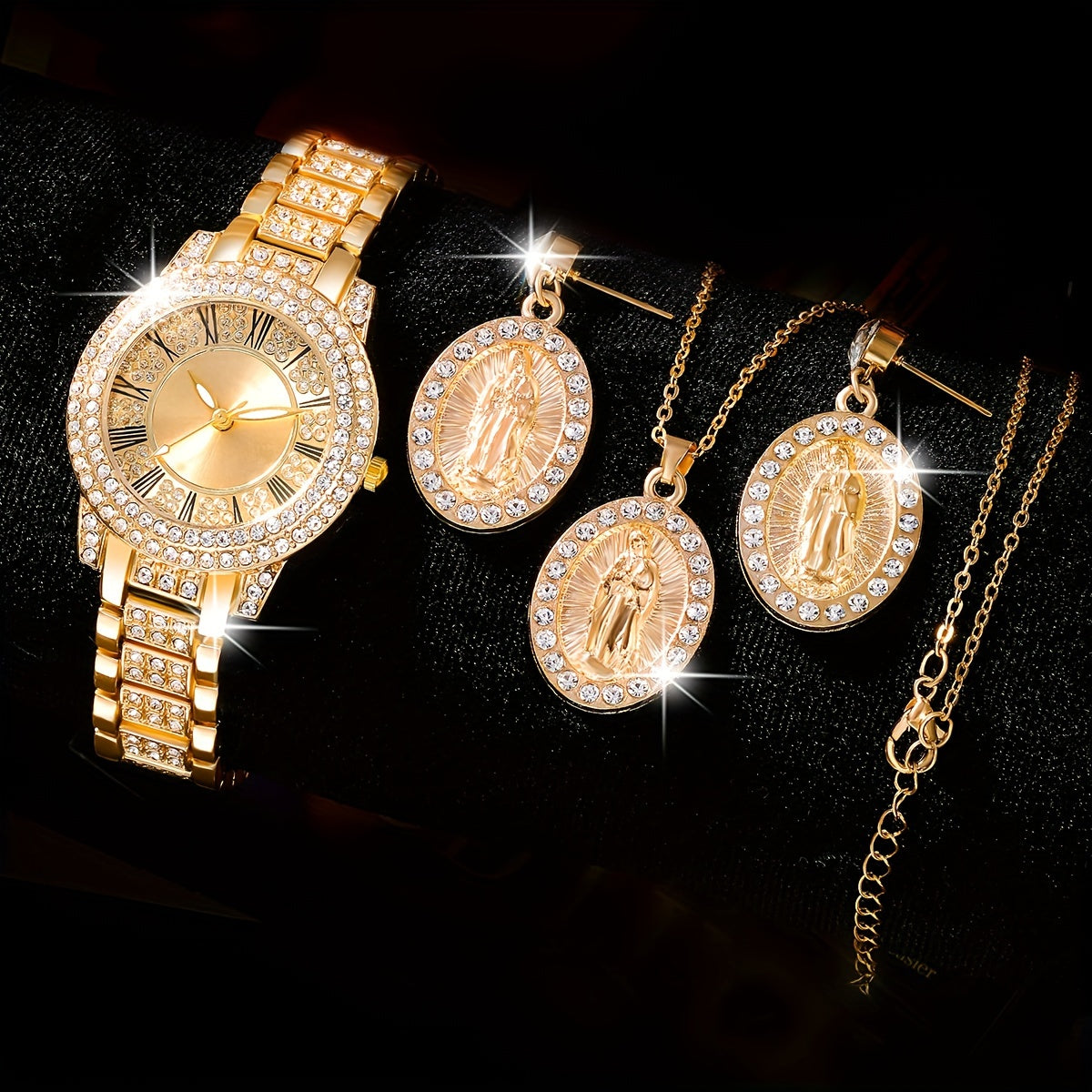 Middle East Ramadan Ladies Watch 1Set Ladies Watch Luxury Full Rhinestone Roman Dial Quartz Watch And Our Lady Of Guadalupe Pendant Necklace Earings Jewelry Set Suitable for Women Party Holiday Birthday Wear Or As Sisters The
