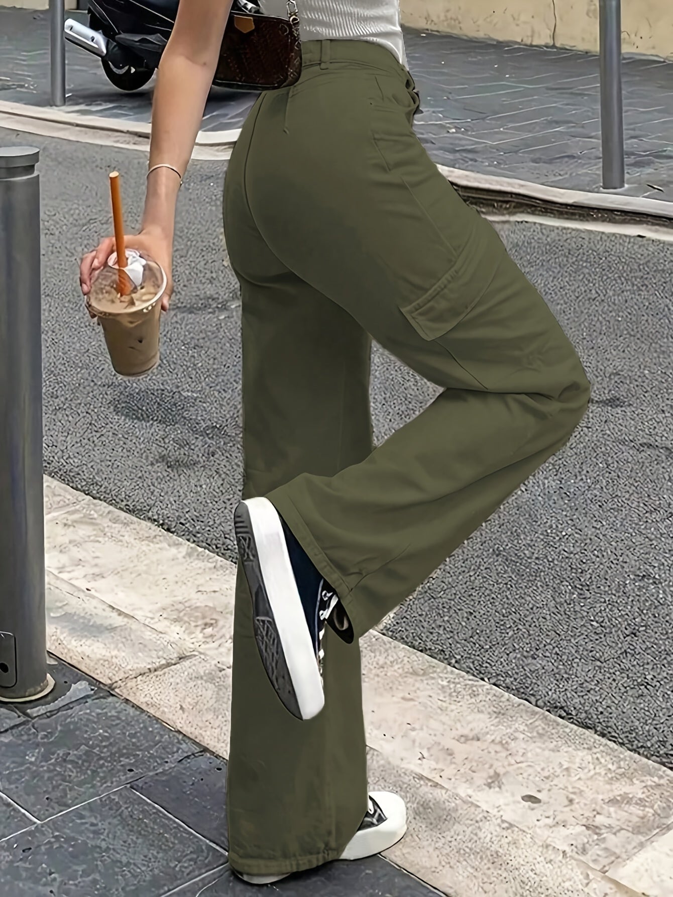 Women'S Casual Solid Cargo Pants, Polyester High Waist Wide Leg Pants with Pocket, All-Season Woven Fabric, 150g/㎡ Weight