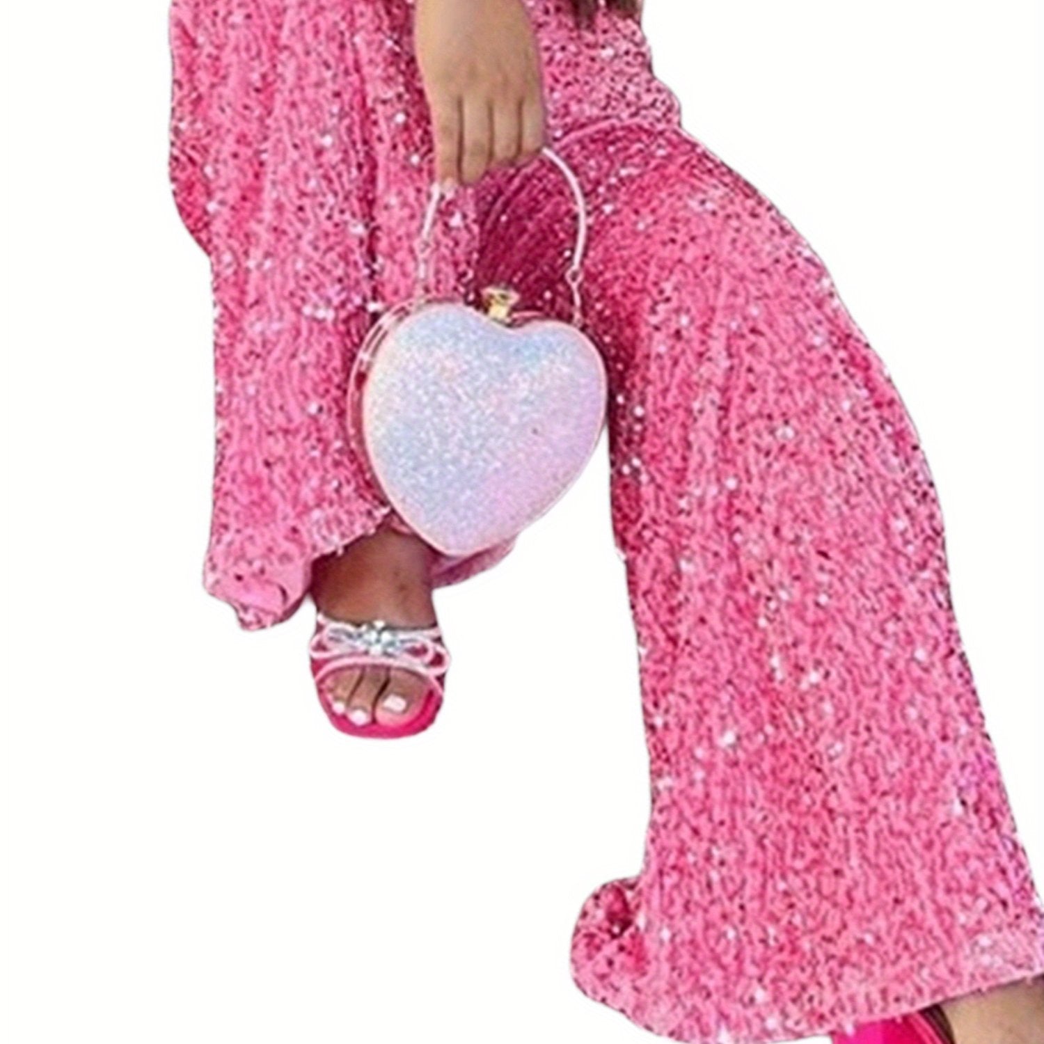 Women'S Casual Wide Leg Pants Elastic Band High Waist Sequin Trousers Fashion Streetwear