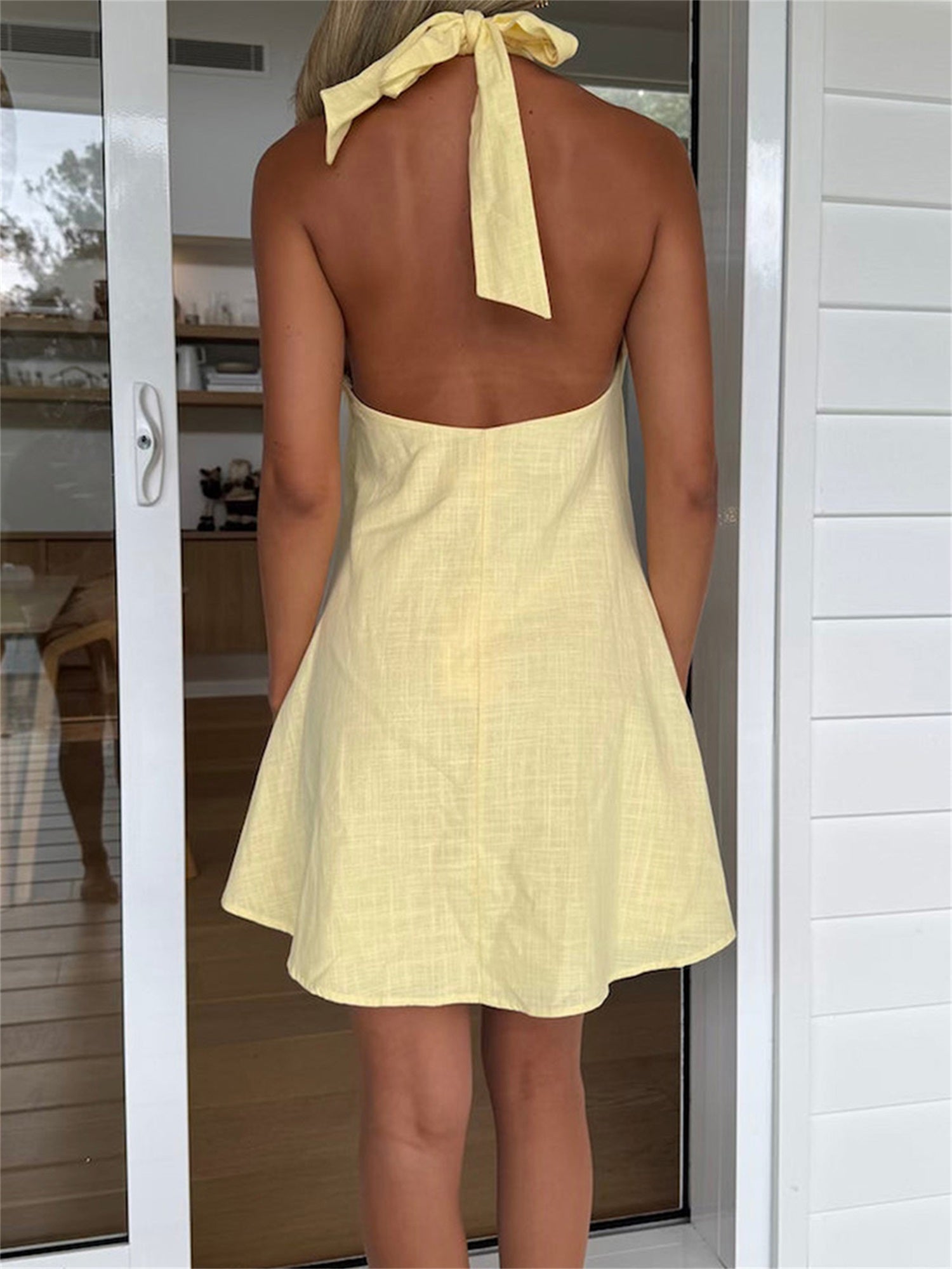 Women's Boho Floral Halter Neck Dress - Open Back Tie-Up Waist Sleeveless Mini Dress with Pink Flowers on White, Lightweight Summer Casual Beach Dress, Machine Washable, Beach Dresses, Festive Occasion Attire, Nontransparent