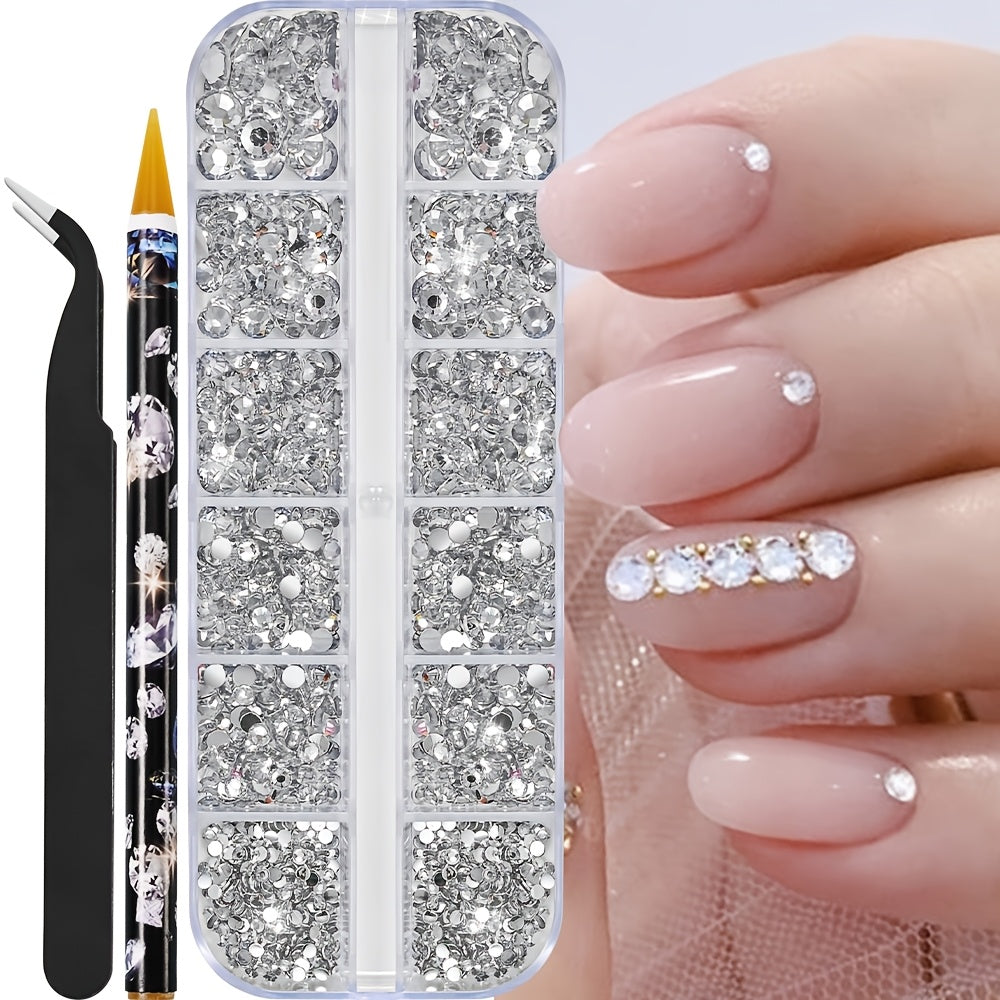 Multi-Size Flatback AB Nail Art Rhinestones Kit – Crystal Pearls & Gemstones for DIY Nails, Shoes, Clothes, Makeup & Bags – Includes Tweezer & Pen (SS4–SS16)