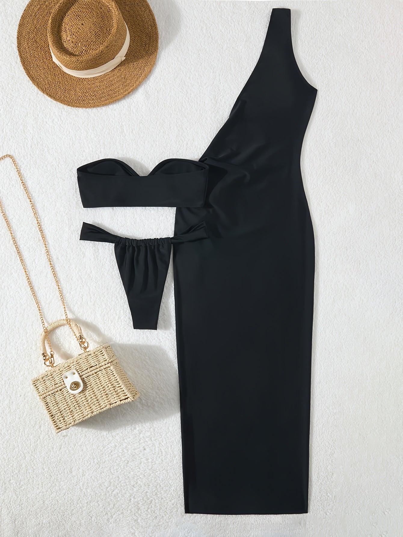 Sexy Solid Color Swimwear, Bandeau Top, One-Shoulder Dress, Three-Piece Bikini Set, Women's Swimsuit and Outfit