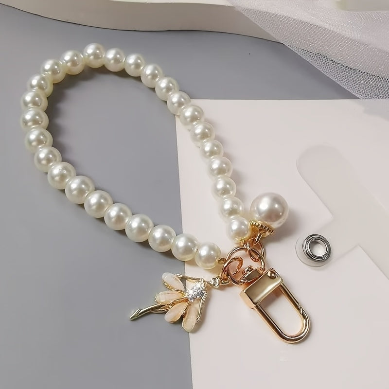 New Fashionable Women's Imitation Pearl Short Mobile Phone Lanyard Wrist Strap, Butterfly Beads Keychain, Mobile Phone Strap, Bag Pendant, Small Gift