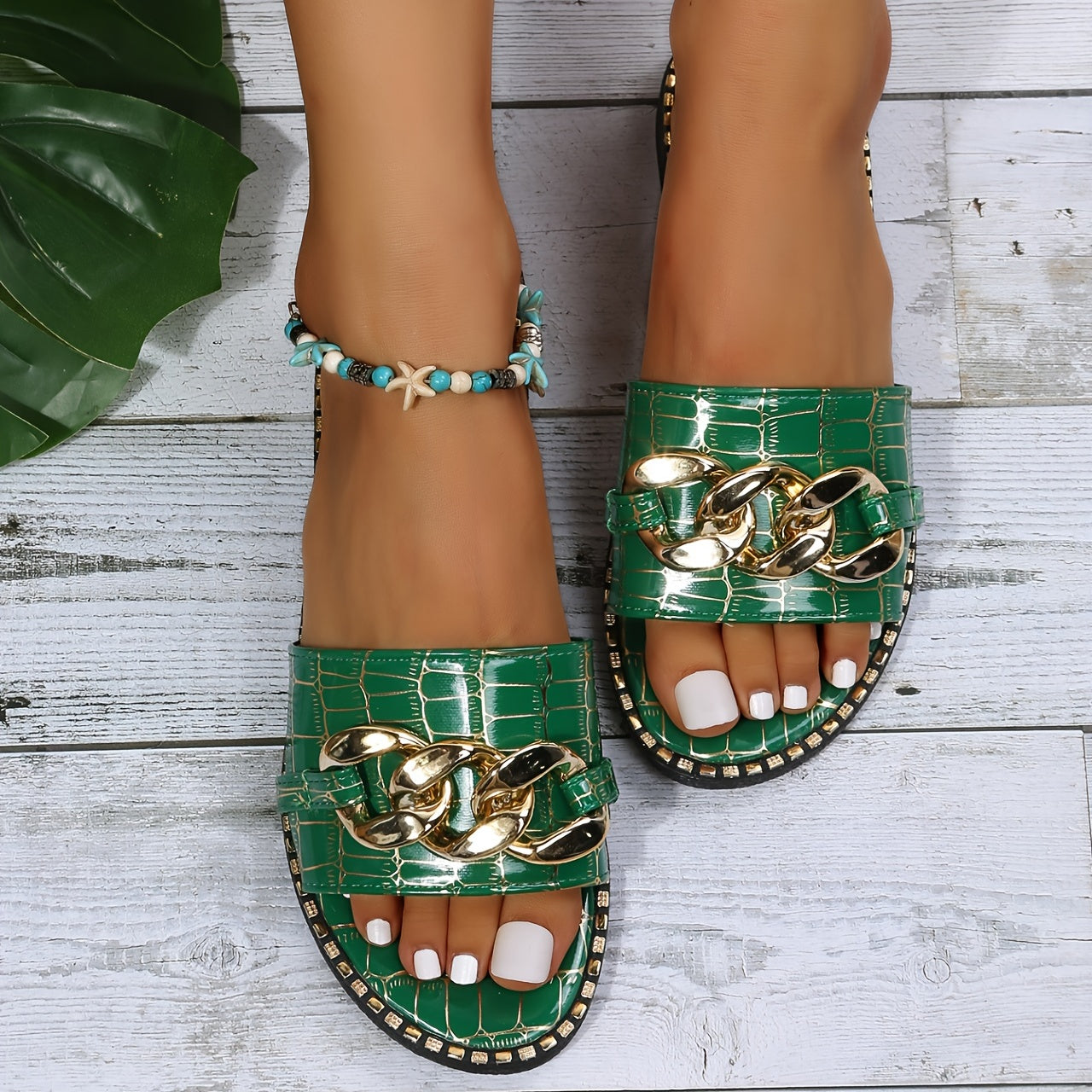 Women's Metal Chain Decor Flat Slippers, Fashion Open Toe Non Slip Slides Shoes, Casual Outdoor Slippers