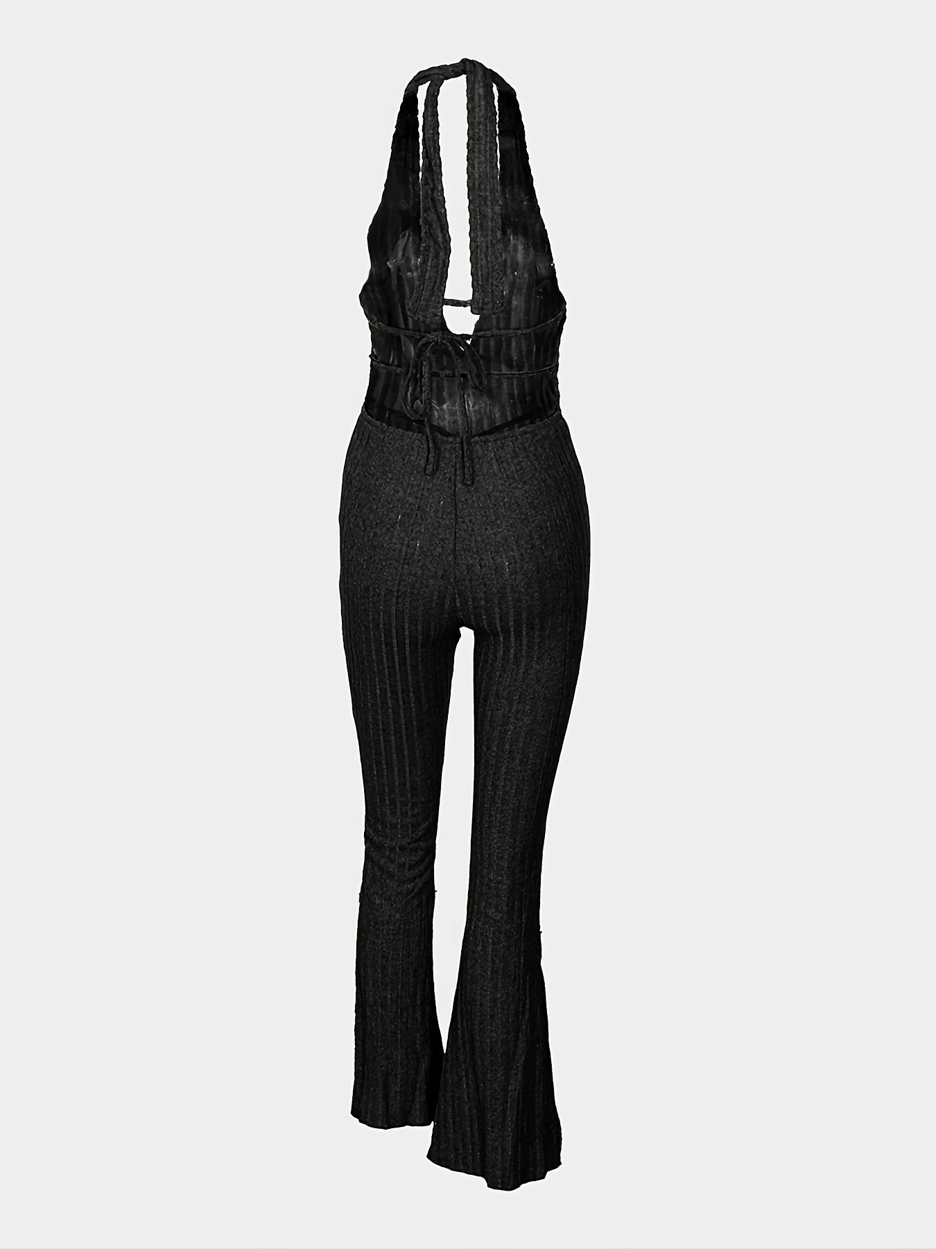 Women'S Sexy Halter Neck Jumpsuit - Solid Color Knit Fabric Unitard with Slim Tie Detail, Polyester 95% Elastane 5%, Flared Leg Design for All Seasons