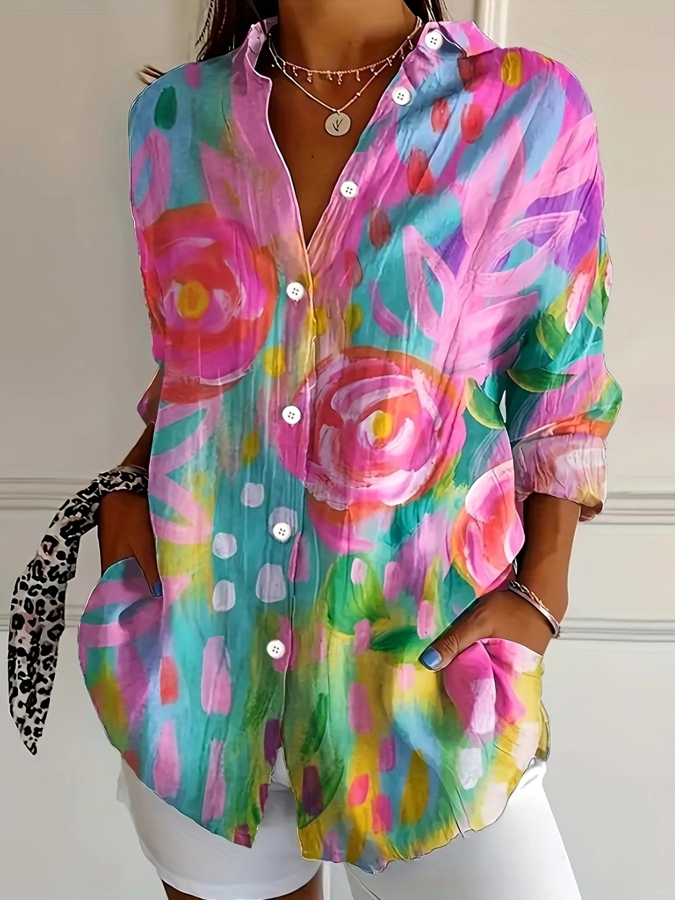 Vibrant Floral Print Women's Button-Up Shirt - Long Sleeve, Collared, Lightweight Spring/Summer Blouse in Pink, Blue, Yellow & Green, Ladies Blouses