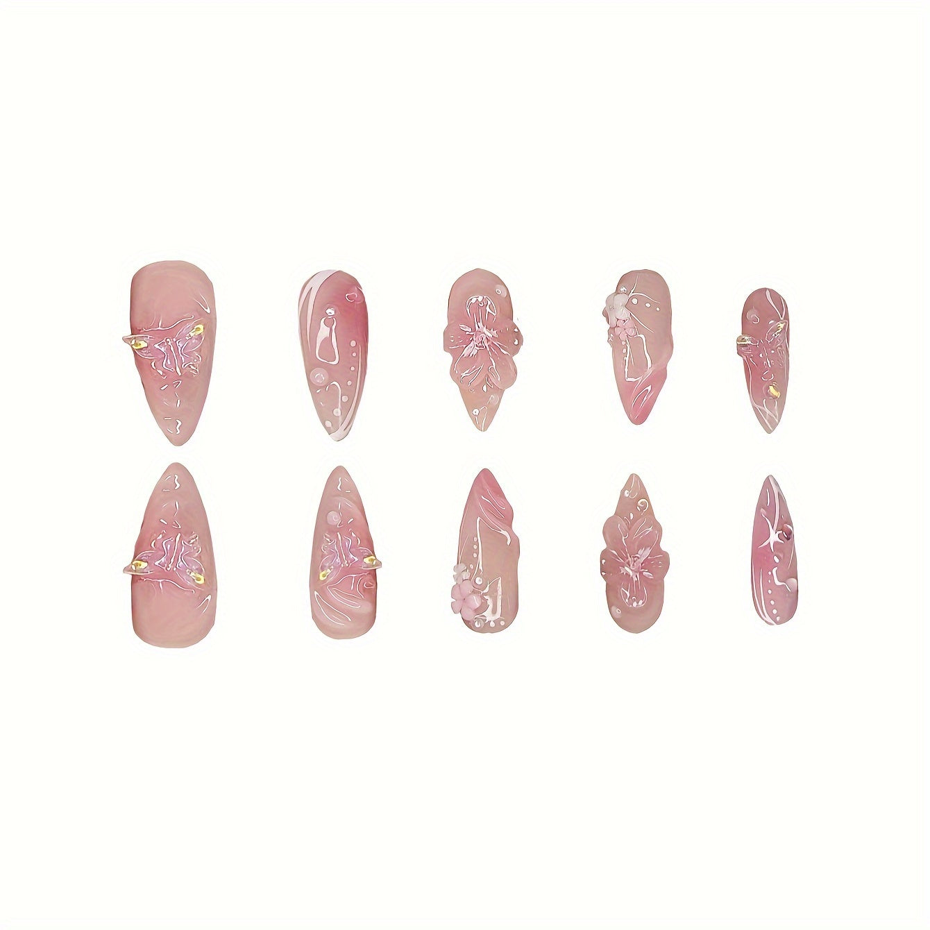 24-Piece Elegant French-Inspired Pink Almond Shaped Press-On Nails with Flower Pattern and Glossy Finish, Includes Jelly Glue & Nail File for Women's Everyday Wear