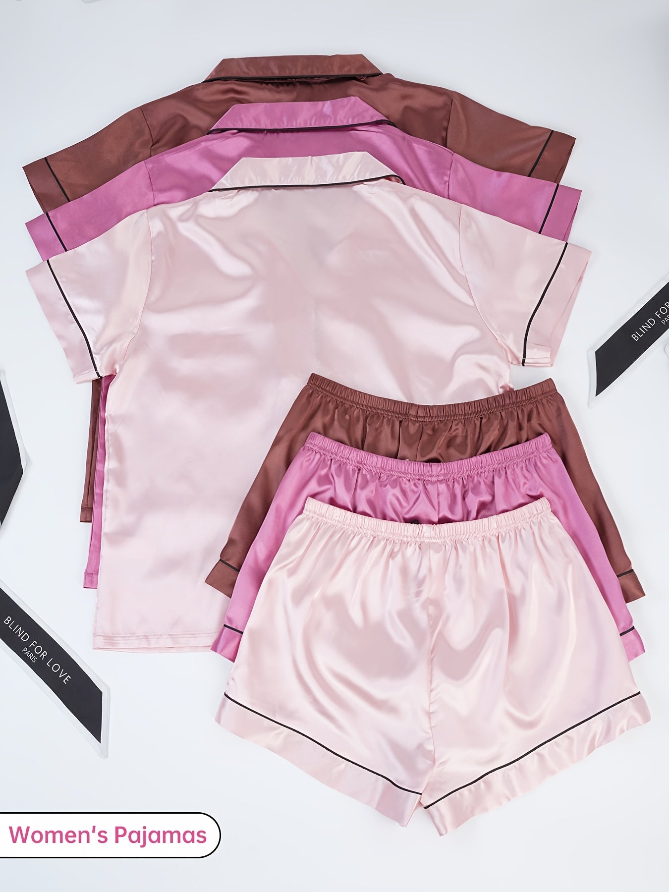 3-Piece Women's Satin Pajama Sets – Short Sleeve Lapel Top & Elastic Waist Shorts, Soft Loungewear Sleepwear Set