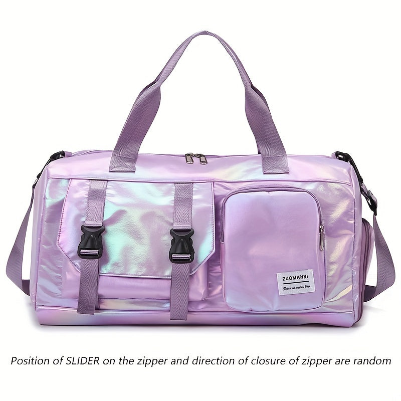 Large Capacity Women'S Nylon Travel Duffel Bag - Pink Iridescent Weekender Gym Tote with Shoe Compartment, Shoulder Strap & Multiple Pockets - Versatile Sports & Fitness Carry-On