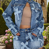 Skirt Sets Women 2pcs Outfits Denim Long Sleeve Full Zip Embroidery Crop Jean Jacket Mini Skirt Set