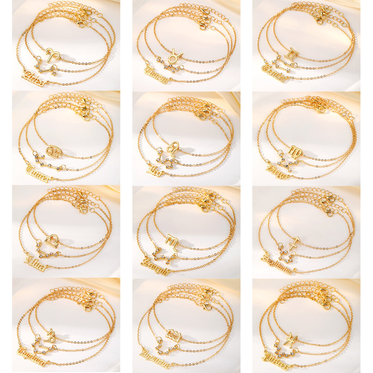 Alloy Inlaid Rhinestone Women'S Zodiac Ankle Chain, Spring And Summer, 3pcs of Beach Barefoot Accessories, Suitable for Vacations, Parties, Dates, Music Festivals