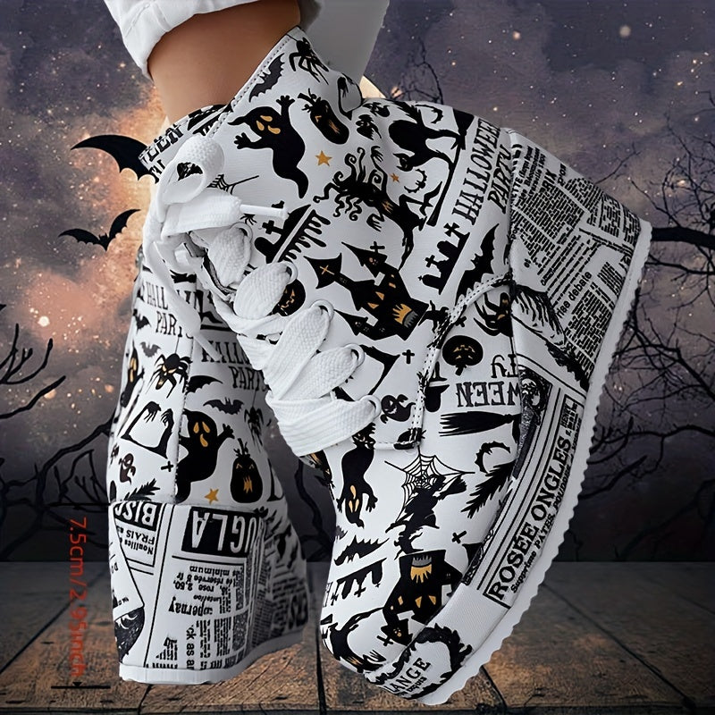 Women's Halloween Theme Boots, Lace Up Platform Lace Up Walking Shoes, High-top Wedge Winter Boots