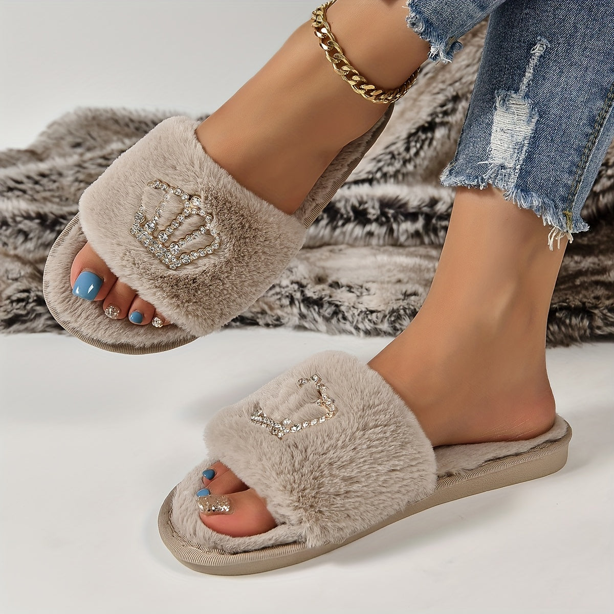 Glitzy Rhinestone Crown Fuzzy Slippers - Ultra-Soft Open Toe Plush Shoes - Luxurious Cloud Sole, Year-Round Warmth for Cozy Home Leisure