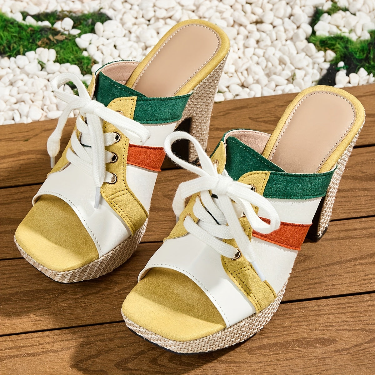 Elegant Women'S Casual Color-Blocked Lace-Up Thick-Soled High-Heeled Waterproof Sandals in a Bohemian Style, Suitable for Work, Leisure, And Professional Parties.