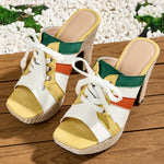 Elegant Women'S Casual Color-Blocked Lace-Up Thick-Soled High-Heeled Waterproof Sandals in a Bohemian Style, Suitable for Work, Leisure, And Professional Parties.