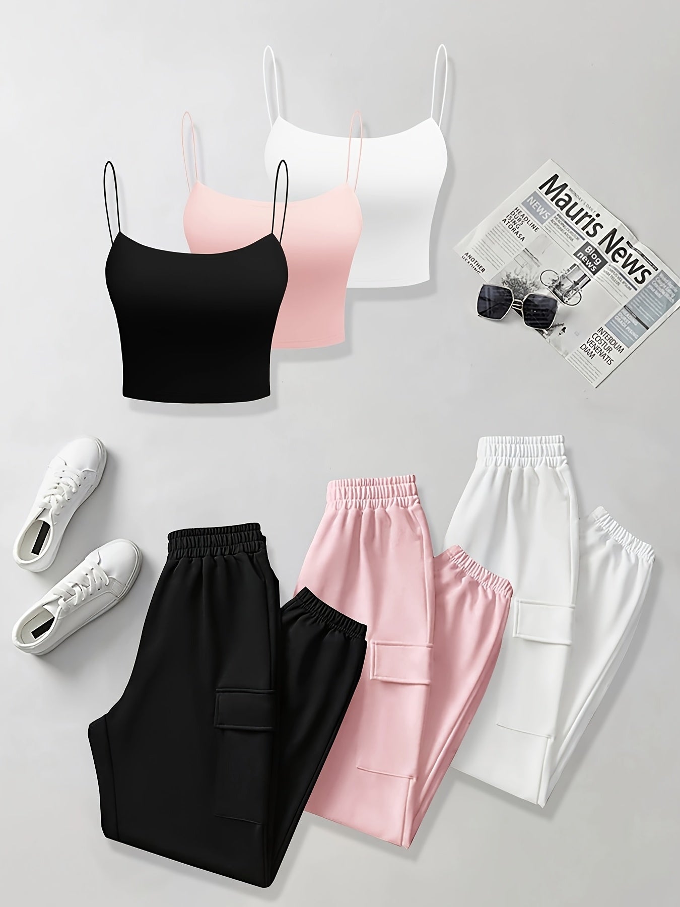 [Stylish Lounge Wear Set] 6pcs Comfortable Polyester Vest and Sweatpants Set - Solid Color Knit Fabric, All-Season Lounge Wear with Pockets