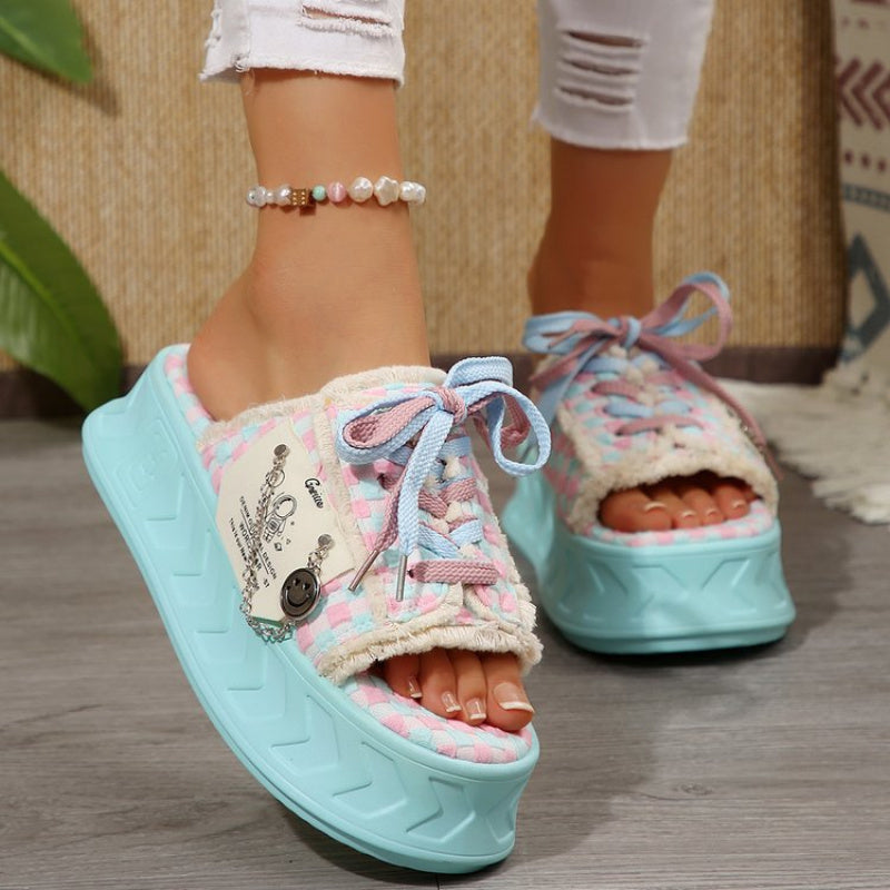 Women'S Chic Summer Canvas Slide Shoes - Pink & Blue Checkered Design, Thick Sole, Lace-Up with Charm, Casual Outdoor Footwear, Comfortable Fabric Upper, Rubber Sole, Round Toe, Fashionable and Casual