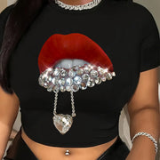 Women's Y2K Lip Print Crop Top T-Shirt - Black Short Sleeve, Red Lips Graphic with Pearl Details, Round Neck, Spring & Summer Fashion, Machine Washable