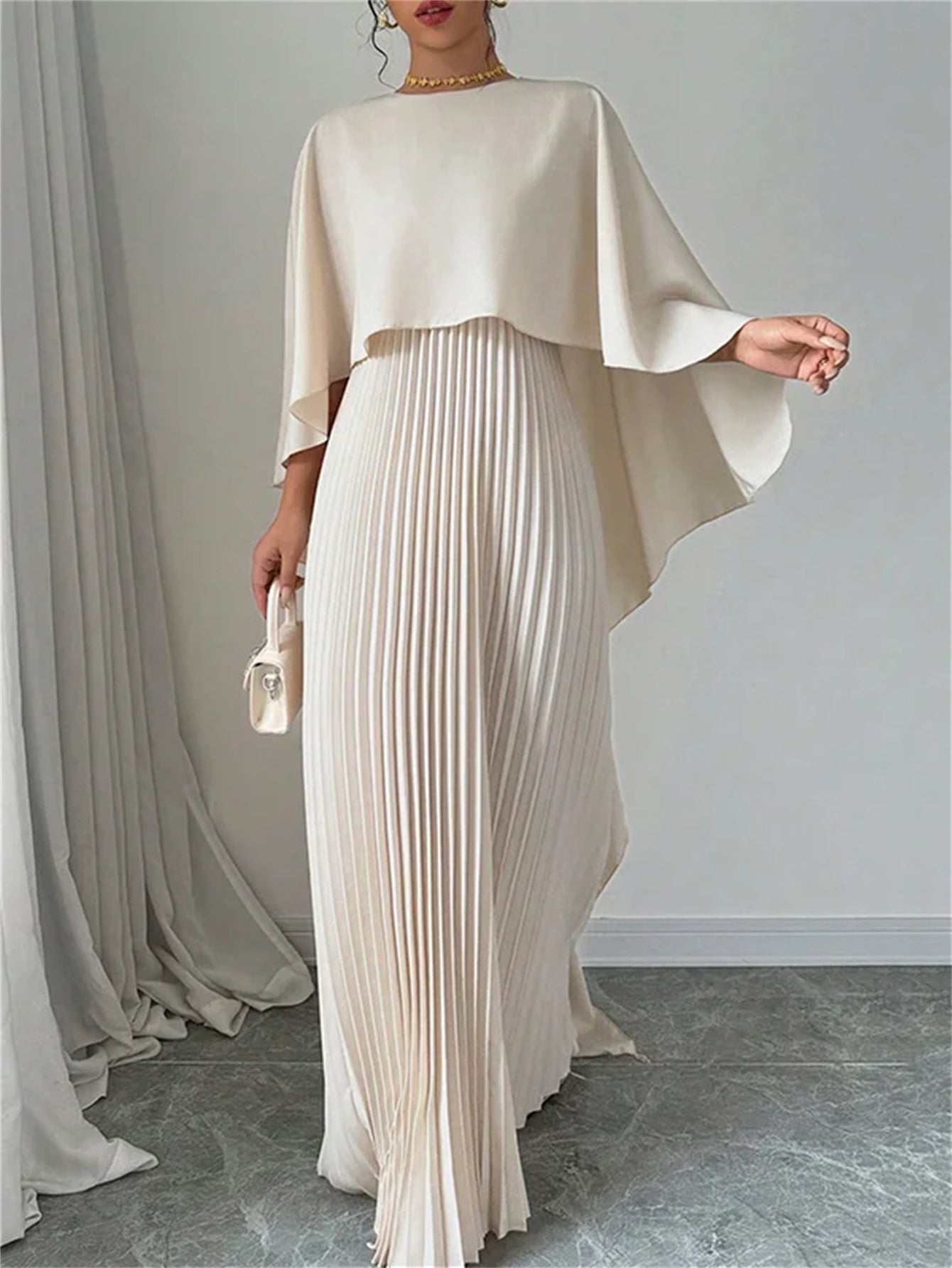 Flowing Long Skirt Elegant Solid Color Pleated Dress with Faux Two-Piece Design, Suitable for Banquets