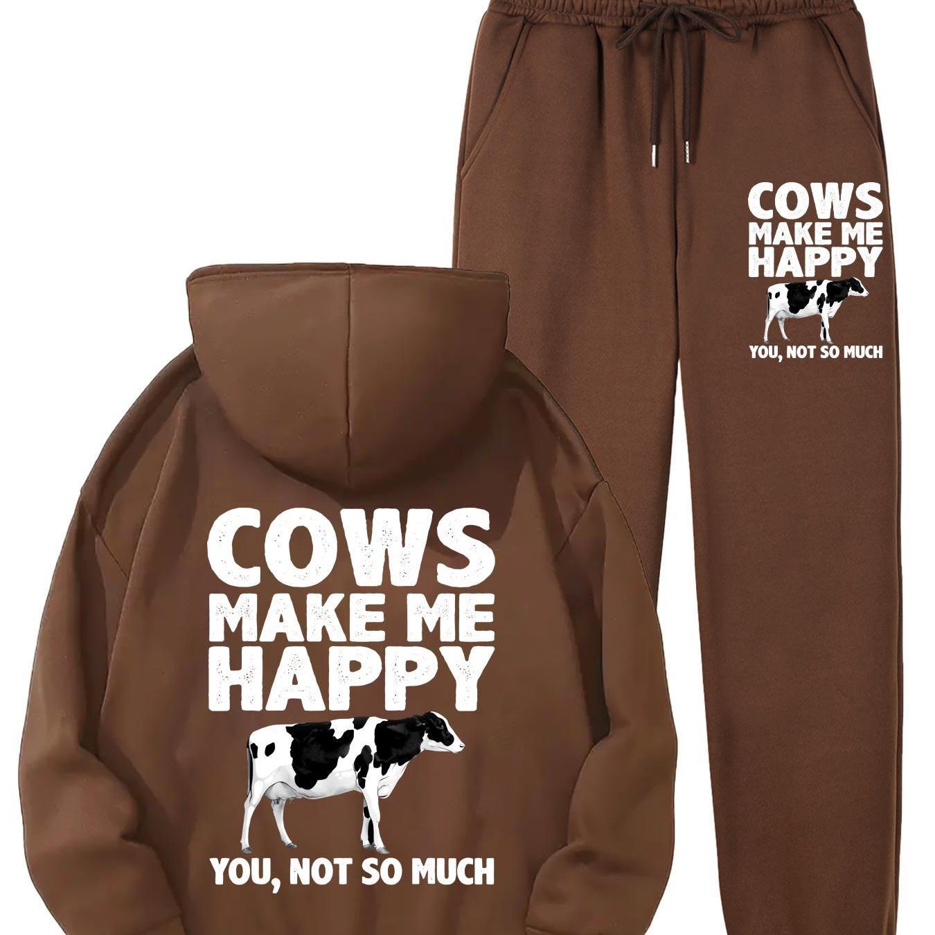 1set Women'S Casual Sportswear with Cow Print, Polyester 100% Long Sleeve Hoodie and Joggers Set, Crew Neck, All-Season Knit Fabric with Pockets