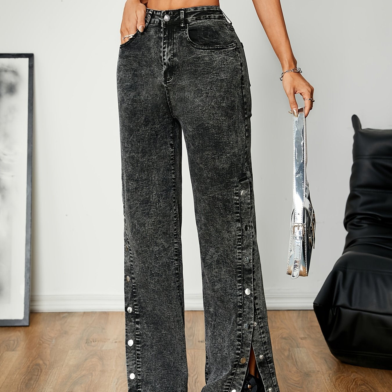 Women's High-Waisted Straight Leg Jeans with Side Slit - Casual Denim in Black, Loose Fit, Button Closure, Perfect for Spring and Fall, Allseason Jeans | Split Hem Style | Denim Fabric