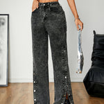 Women's High-Waisted Straight Leg Jeans with Side Slit - Casual Denim in Black, Loose Fit, Button Closure, Perfect for Spring and Fall, Allseason Jeans | Split Hem Style | Denim Fabric
