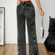 Women's High-Waisted Straight Leg Jeans with Side Slit - Casual Denim in Black, Loose Fit, Button Closure, Perfect for Spring and Fall, Allseason Jeans | Split Hem Style | Denim Fabric